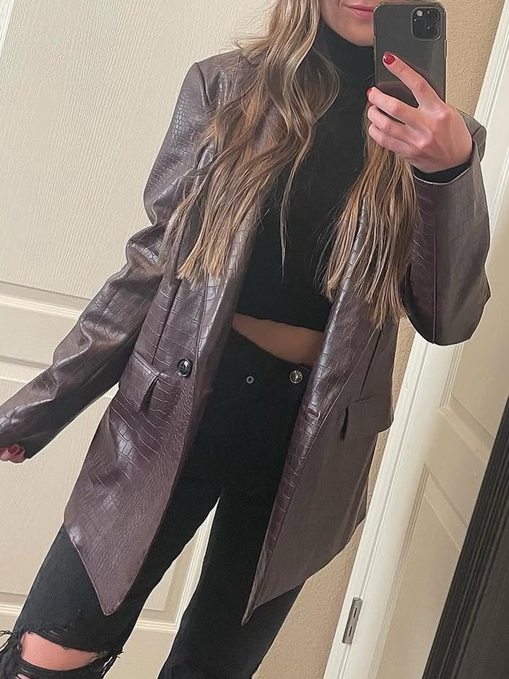 Brown Croc-Embossed Leather Blazer Jacket
